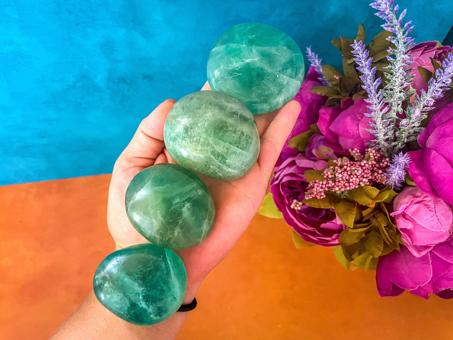 Green fluorite palm stones