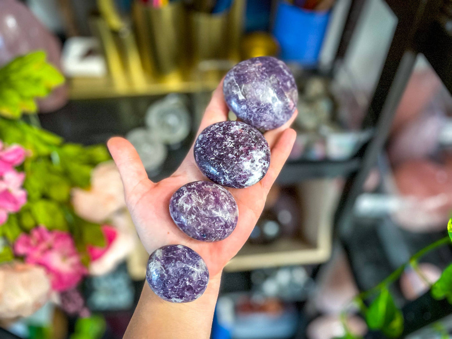 Lepidolite palm stone, Polished