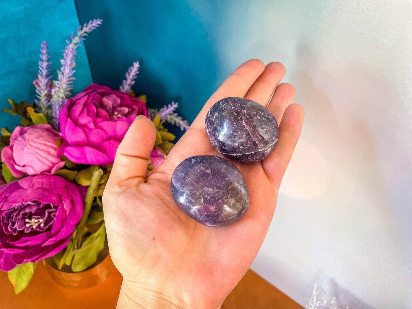 Lepidolite palm stone, Polished