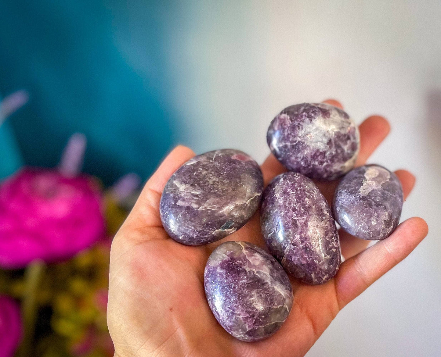 Lepidolite palm stone, Polished